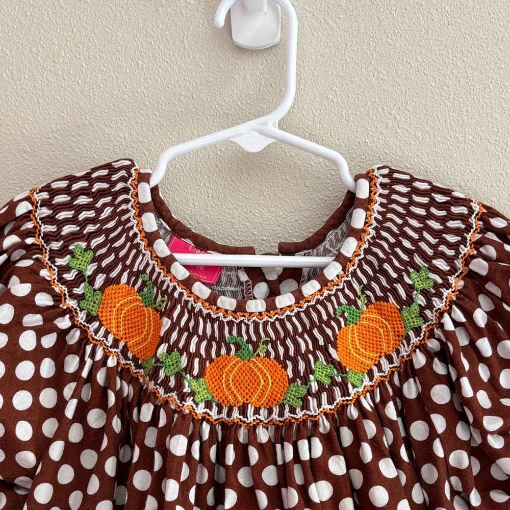Claire & Charlie Polka Dot Kids Dress with Smocking  And Pumpkin Accents Size 6X - Picture 2 of 9